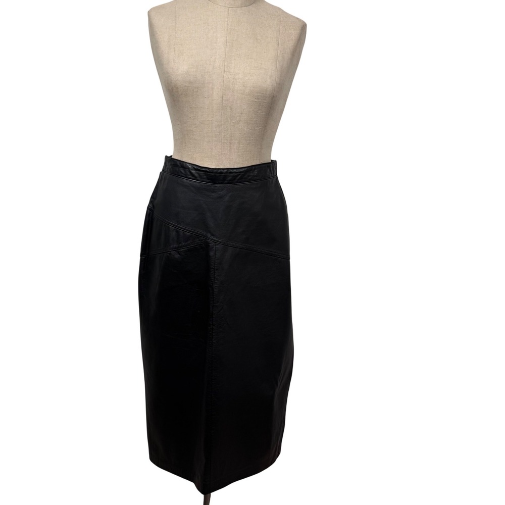 90s Tibor 100% Leather Midi Skirt Pencil Women 10 Black Goth Grunge Rock Edgy